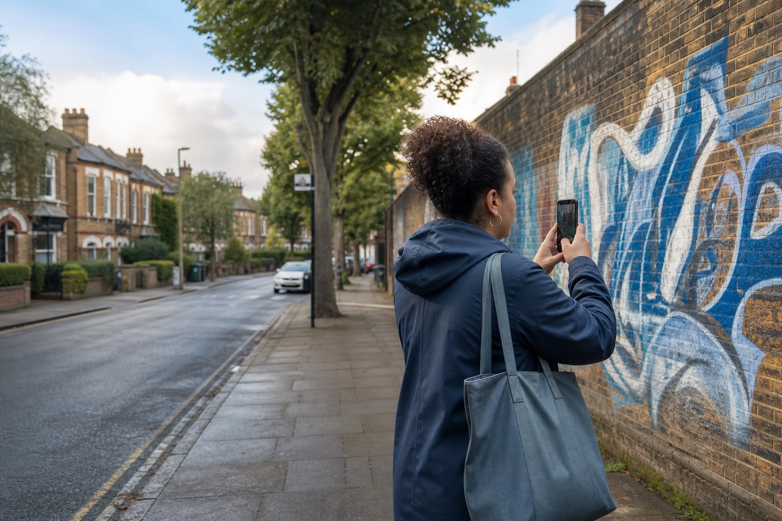A resident safely photographing graffiti from a pavement in a UK neighbourhood